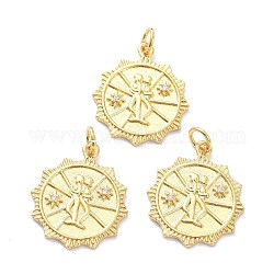 Brass Micro Pave Clear Cubic Zirconia Pendants, with Jump Ring, Long-Lasting Plated, Flat Round with Human, Real 18K Gold Plated, 21x18x1.5mm, Jump Ring: 5x1mm, 3mm Inner Diameter