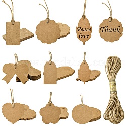 80Pcs 8 Styles Blank Kraft Paper Gift Tags, with Jute Cord, Bowknot & Flower & Leaf, Mixed Shapes, BurlyWood, 40~73x30~65.5x0.5mm, Hole: 3.5~5mm, 10pcs/style