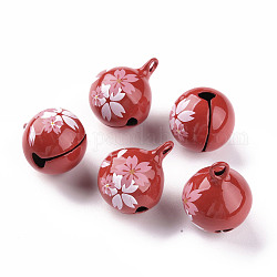 Baking Painted Brass Bell Pendants, Ball with Sakura, Red, 23x18x18mm, Hole: 2.5mm