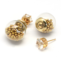 Boucles d'oreilles en verre double face pour femmes, avec des perles acryliques imitation de perles à l'intérieur, strass et les repères de fer d'or, verge d'or noir, 16mm, 8mm, pin: 0.7 mm