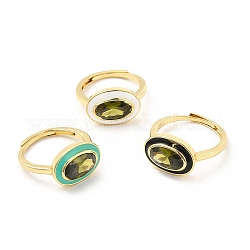 Rack Plating Brass Micro Pave Olive Drab Cubic Zirconia Oval Adjustable Rings, with Enamel, Cadmium Free & Lead Free, Long-Lasting Plated, Real 18K Gold Plated, Mixed Color, US Size 7 3/4, 1.5~2.5mm, Inner Diameter: 17.9mm