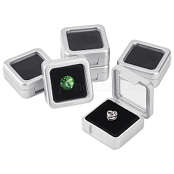 Quadratische Aufbewahrungsboxen für lose Diamanten aus Kunststoff, Schmuckkästchen mit Sichtfenster und schwarzem Plüsch im Inneren, für kleine Edelsteine, Silber, 4x4x1.8 cm