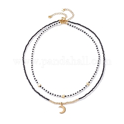 Ensemble de colliers pendentif étoile et lune pour adolescente femme, colliers de perles de rocaille en verre cristal clair, or, noir, 17.72 pouce (45 cm), 15.63 pouce (39.7 cm), 2 pièces / kit