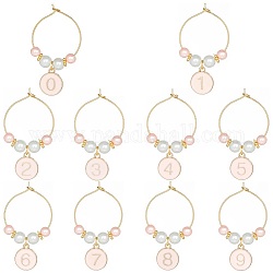 Flat Round with Number 0~9 Alloy Enamel Wine Glass Charms, with Brass Hoop Earring Findings and Glass Pearl Bead, Misty Rose, 45mm, 10pcs/set