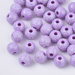 Perles acryliques opaques, avec de la poudre de paillettes, ronde, support violet, 8.5x7mm, Trou: 2mm