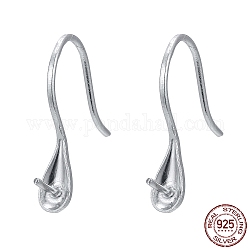 Rhodium Plated 925 Sterling Silver Earring Hooks, with Cup Pearl Bail Pin for Half Drilled Beads, Platinum, 15x3.5x12mm, Bail 22 Gauge, Pin: 0.6mm, 21 Gauge, Pin: 0.7mm