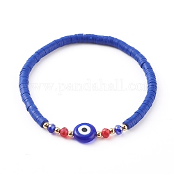 Bracelets extensibles en perles heishi en pâte polymère, avec le mal de perles au chalumeau des yeux, perles en laiton et perles rondes en verre, or, bleu, diamètre intérieur: 2-1/4 pouce (5.6 cm)