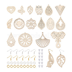 Biyun DIY Filigree Dangle Earring Making Kits, Including Iron Earring Hooks, Butterfly & Teardrop & Flower & Fan & Heart Undyed Natural Wooden Joiners Links, Antique White, 292Pcs/bag