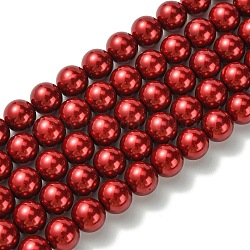 Eco-Friendly Dyed Glass Pearl Round Beads Strands, Grade A, Cotton Cord Threaded, Red, 10mm, Hole: 0.7~1.1mm, about 42pcs/strand, 15 inch