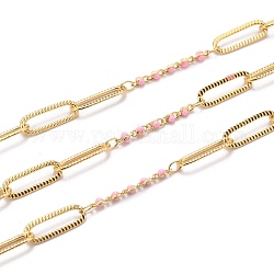 Vergoldete handgemachte Emaille Perlenketten, Büroklammerketten aus Messing, langlebig plattiert, gelötet, mit Spule, rosa, Link: 15x5x0.7 und 5x1.7x2 mm, ca. 32.8 Fuß (10m)/Rolle