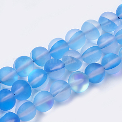 Pietre moon sintetiche perline fili, perle olografiche, tinto, smerigliato, tondo, blu royal, 8mm, Foro: 0.7 mm, 48 pcs / Filo, 15 pollice