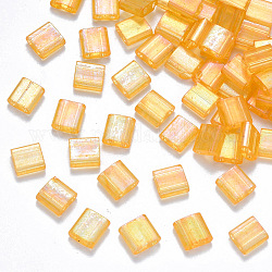 Perles de rocaille en verre transparent à cuisson 2 trou, de couleur plaquée ab , rectangle, or, 5x4.5~5.5x2~2.5mm, Trou: 0.5~0.8mm, environ 118 pcs/10 g