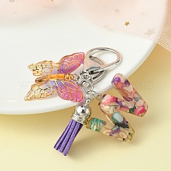 Porte-clés lettre en résine et breloques papillon en acrylique, Porte-clés pendentif pompon avec fermoir porte-clés en alliage, lettre w, 9 cm