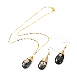Collana e orecchini pendenti in agata nera naturale a forma di goccia avvolta in filo di ottone, set di gioielli in pietra per lei, oro, 57mm, ago :0.7mm, 17.9 pollice (45.5 cm)