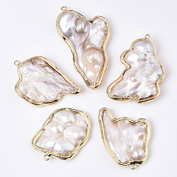 Perle naturelle baroque perle keshi, gros pendentifs en perles de culture d'eau douce, avec des boucles de cuivre, pépites, bord plaqué or, couleur de coquillage, 44.5~63x32~34.5x7~11mm, Trou: 1.8mm