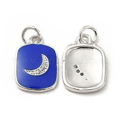 Pendentifs avec zircon cubiques à micro-pavés en laiton, avec émail et anneau de saut, rectangle avec breloque lune, platine, bleu, 16x11x2mm, Trou: 2.5mm