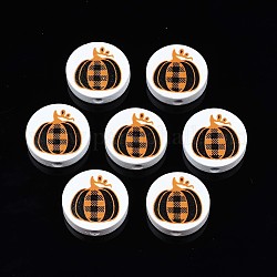 Perline di legno naturale stampate a tema autunnale, tondo piatto con motivo zucca scozzese, arancione scuro, 19~20x5.9mm, Foro: 2~2.2 mm