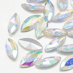 Pointed Back Glass Rhinestone Cabochons, Back Plated, Faceted, Horse Eye, Crystal AB, 15x7x4mm