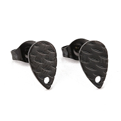 Accessoires de puces d'oreilles en 304 acier inoxydable, avec le trou, goutte d'eau texturée, électrophorèse noir, 10x6mm, Trou: 1mm, pin: 0.8 mm