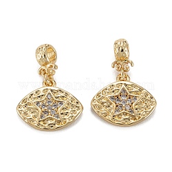 Brass Micro Pave Clear Cubic Zirconia Charms, with Ring, Long-Lasting Plated, Lead Free & Cadmium Free, Eye with Star Pattern, Large Hole Bead, Real 18K Gold Plated, 10.5x12x2mm,  Ring: 8x2.5x4mm, 2mm Inner Diameter