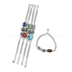 Natural & Synthetic Mixed Gemstone Beaded Link Bracelet, 304 Stainless Steel Skull Jewelry, 7-1/2 inch(19cm)