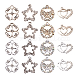 Spritewelry 32Pcs 8 Style UV Plated Alloy Pendants, with Crystal Rhinestone, Heart & Star & Clover & Flat Round, Platinum & Light Gold, 18~24x18~21.5x3~4mm, Hole: 1.5~3mm, 4pcs/style