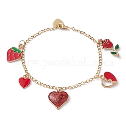 Bracelet à breloques en alliage émaillé rose, cœur et fraise avec 304 chaîne en acier inoxydable pour la saint-valentin, rouge, 7-3/4 pouce (19.6 cm)