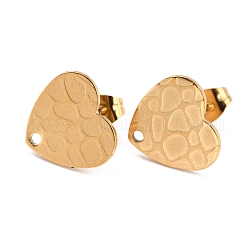 Ion Plating(IP) 304 Stainless Steel Stud Earring Findings, with Ear Nuts/Earring Backs and Hole, Heart Shape with Textured, Golden, 12x13x1mm, Pin: 0.8mm