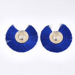 Décorations de gros pendentif pompon en polyester, avec les accessoires en fer, fan, or clair, bleu, 73~77x78~83x5~6mm, Trou: 1.2mm