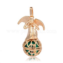 Golden Plated Brass Hollow Round Cage Pendants, with No Hole Spray Painted Brass Round Beads, Angel, Sea Green, 44x29x20mm, Hole: 3x8mm