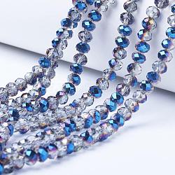Placcare trasparente perle di vetro fili, mezzo placcato, sfaccettato, rondelle, blu placcato, 4x3mm, Foro: 0.4 mm, circa 123~127pcs/filo, 16.5~16.9 pollice (42~43 cm)