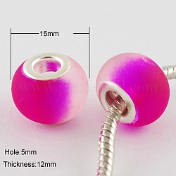 Two Tone Large Hole Rondelle Rubberized Glass European Beads, with Silver Plated Brass Double Cores, Deep Pink, 15x12mm, Hole: 5mm