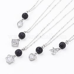 Alloy Charms with Cubic Zirconia Pendant Necklaces, with Natural Lava Rock Beads, Brass Chains and Iron Findings, Mixed Shapes, Platinum, 18 inch(45.72cm)