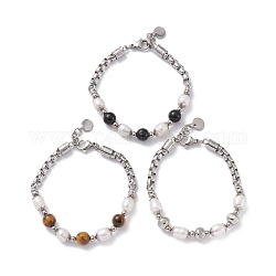 Bracelet en perles rondes mixtes pierres précieuses et perles naturelles pour fille femmes, Bracelet chaîne 201 en acier inoxydable, couleur inoxydable, 7-5/8 pouce (19.5 cm)