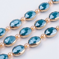 Chapelets de perles en verre opaques, avec les accessoires en laiton, perle plaquée lustre, facette, ovale, or, dark cyan, 12x16x7.5mm, Trou: 1mm, Environ 10 pcs/chapelet, 8.2 pouce (21 cm)