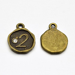 Antique Bronze Plated Alloy Rhinestone Charms, Flat Round with Num.2, Nickel Free, 13x10x1.5mm, Hole: 1mm