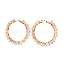 304 Stainless Steel Hoop Earrings, with Potato Natural Cultured Freshwater Pearls and Copper Wire, Ring Shape, Golden, 62x57mm, Pin: 1mm