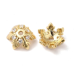 Brass Micro Pave Cubic Zirconia Bead Cap, 6-Petal Flower, Real 18K Gold Plated, 10x9x4.5mm, Hole: 1.5mm