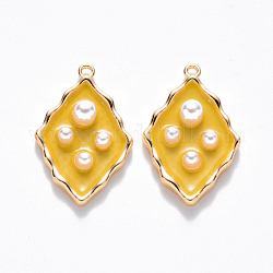 Ciondoli smaltato in ottone, con perla in plastica imitazione abs, nichel libero, rombo, vero placcato oro 18k, giallo, 20x12.5x4mm, Foro: 1 mm