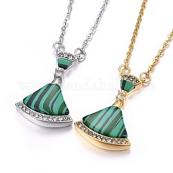 304 Stainless Steel Pendant Necklaces, with Synthetic Malachite and Rhinestone, Golden & Stainless Steel Color, 17.72 inch(45cm), 1.5mm