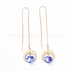 Brass Ear Threads, with Brass Pendants, Glass Beads, Heart with Moon, Blue, 84mm, Pin: 0.7mm