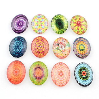 Cabochons ovales à dos plat avec motif de kaleidoscope fleur en verrre for DIY Projects, couleur mixte, 40x30x8mm