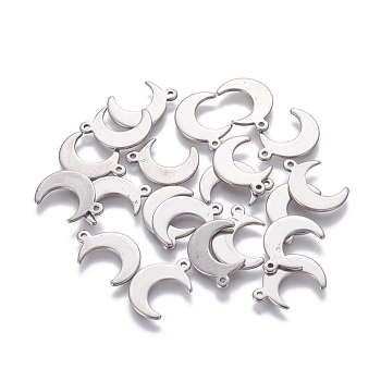 304 Stainless Steel Pendants, Moon, Stainless Steel Color, 16x11x0.9mm, Hole: 1.4~1.5mm
