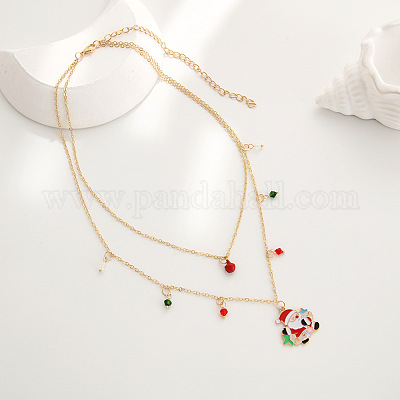Двухслойные ожерелья для женщин с подвеской в виде Санта-Клауса из сплава эмали и биконуса из стекла FS-WGBB294-01-1