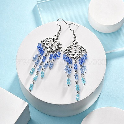 Серьги-люстры с кисточками из стеклянных бусин EJEW-TA00225-03-1