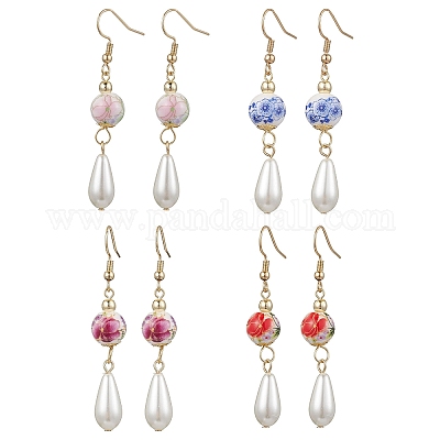 Круглые с цветочным узором фарфоровые керамические серьги-подвески EJEW-JE06347-1