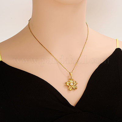 Ожерелья с подвеской-цветком из нержавеющей стали 304 во французском стиле с натуральным жемчугом OO0634-2-1