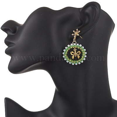 Серьги-гвоздики с подвесками из латуни и стекла в форме рождественского венка EJEW-MZ00613-1