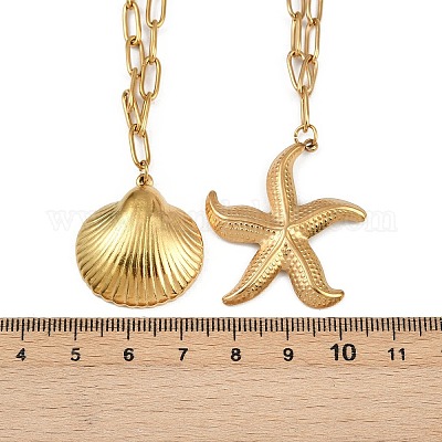 Двухслойные ожерелья в стиле бохо из нержавеющей стали 304 в форме морской звезды и ракушки для женщин NJEW-F343-01G-1