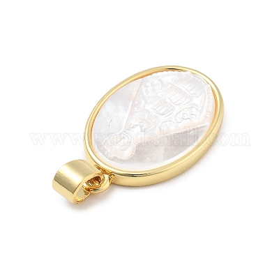 Латунные резные подвески из натуральной белой ракушки в религиозном стиле овальной формы KK-D367-04G-B-1